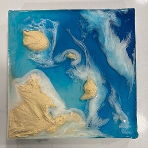 Oceanic Blue and Cream Islands Resin Art on Wood Canvas